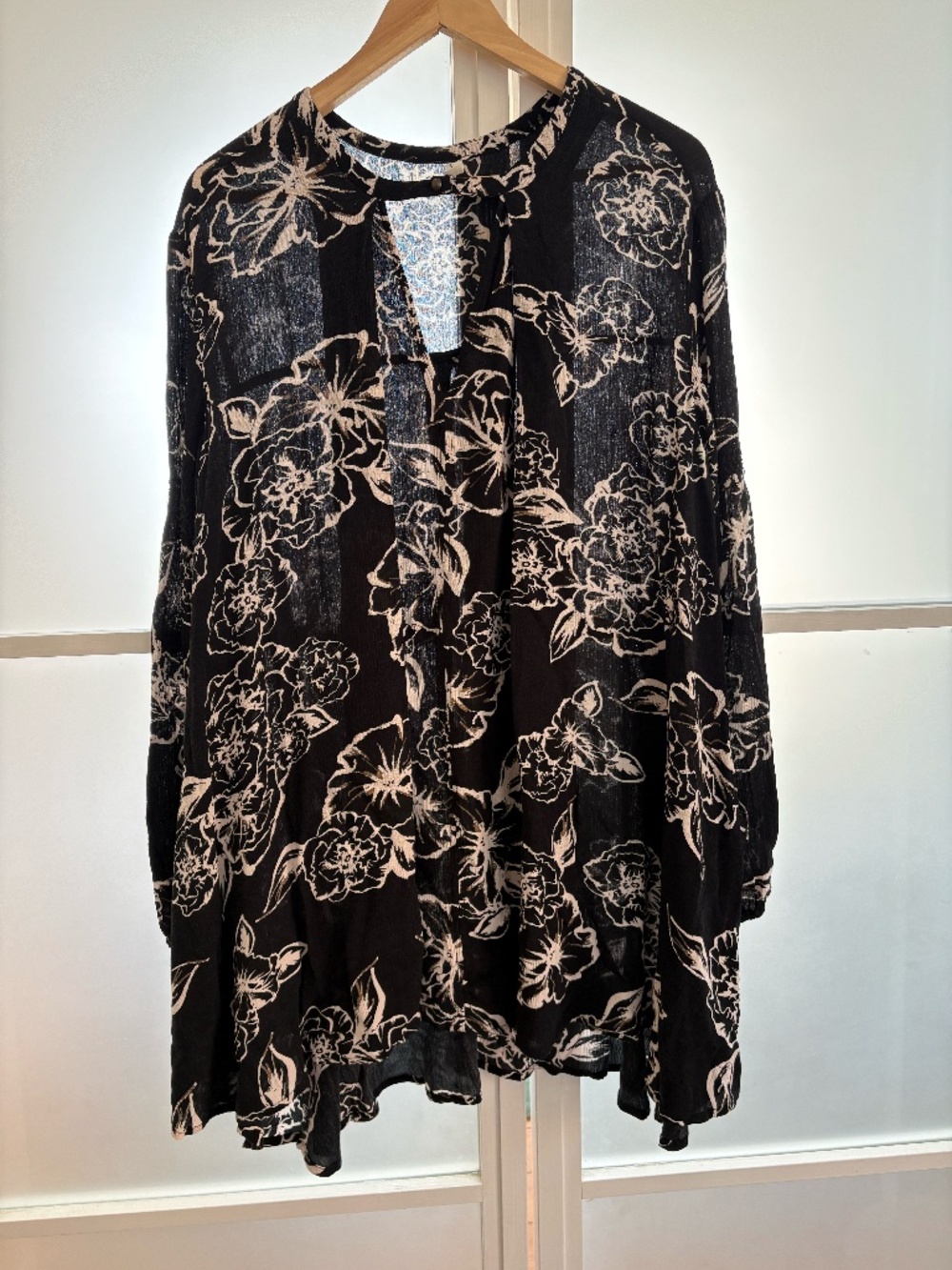 Free People Black Floral Tunic Mini Dress Keyhole Button Tab Pockets Sheer Boho
